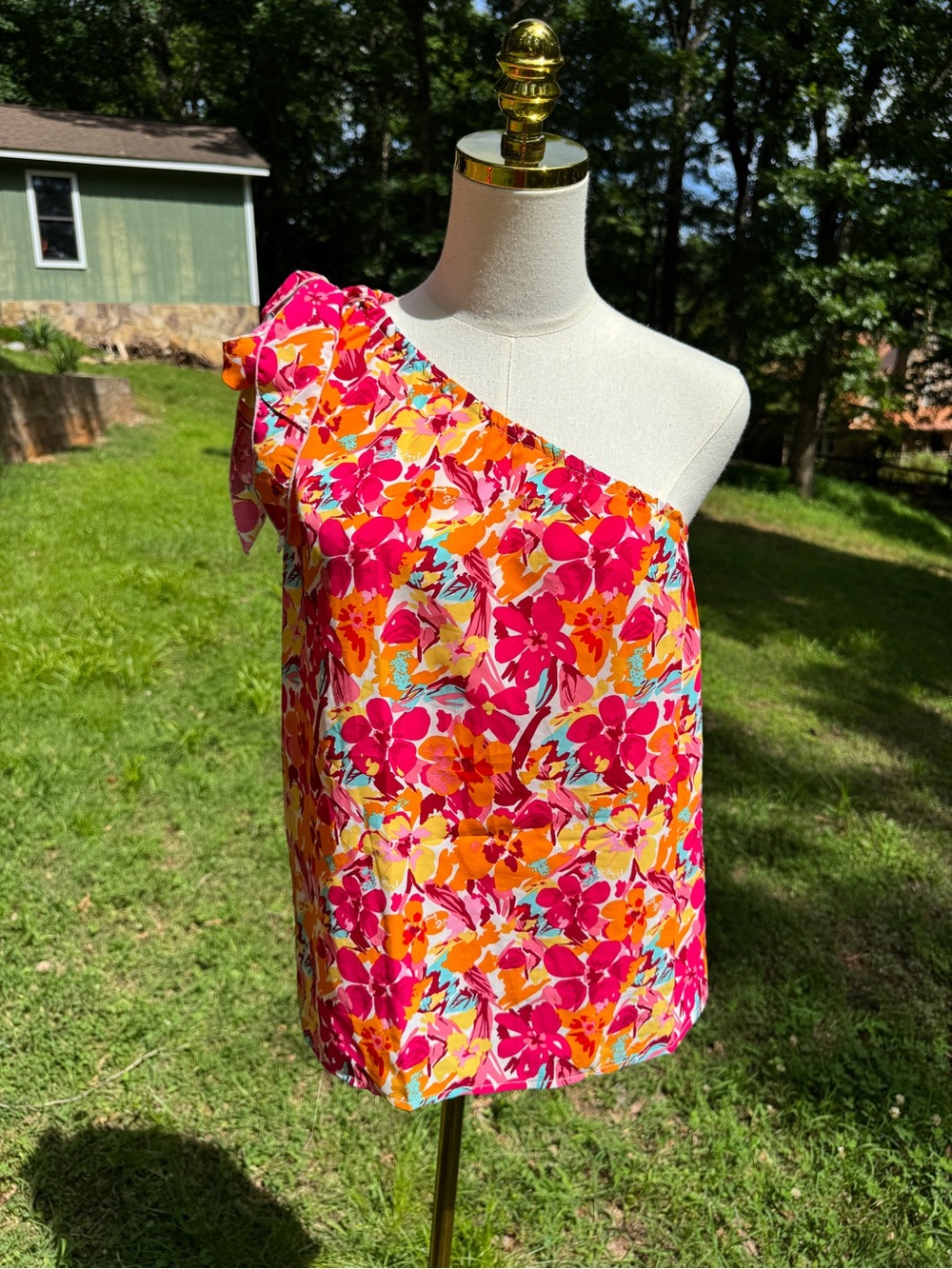 Floral One Shoulder Top Large Tropical Tie Shoulder Resort Vacation Blouse